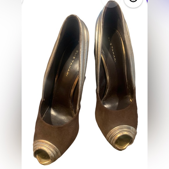 Elie Tahari Brown Suede Open Toe High Heel Pumps w Muted Gold Leather Trim Sz 7 - Picture 4 of 7